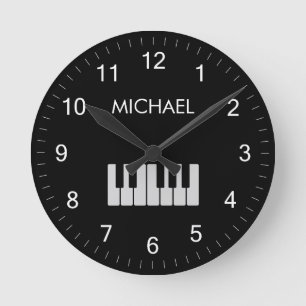 Horloge Ronde Piano Clavier Personnalisé Musicien Noir
