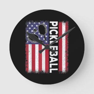 Horloge Ronde Pickleball American Flag Drôle amusant Pickleball 