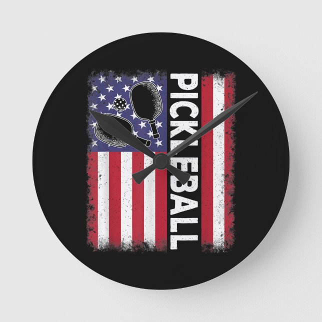 Horloge Ronde Pickleball American Flag Drôle amusant Pickleball  (Recto)