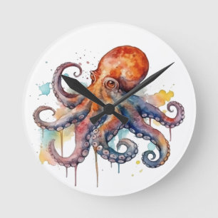 Horloge Ronde pieuvre colorée en aquarelle grands yeux