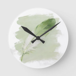 Horloge Ronde Pinceau Vert Sauge Plume Élégant Moderne