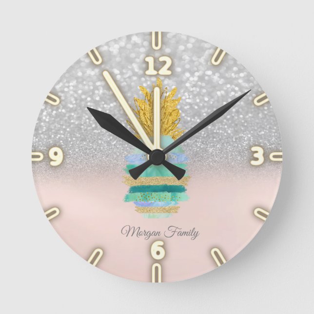 Horloge Ronde Pineapple Green Glitter Silver Glitter Bokeh  (Recto)