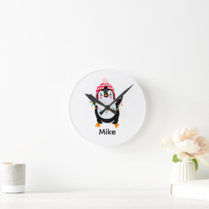 Horloge Ronde Pingouin scintillant avec lumières de Noël