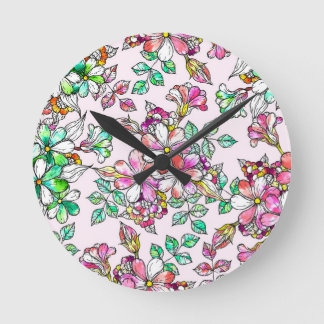 Horloge Ronde Pink and green flowers