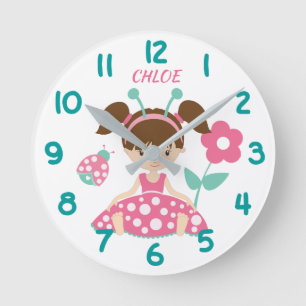 Horloge Ronde Pink and Teal Ladybug Girl