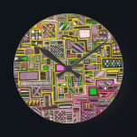 Horloge Ronde Pink and Yellow Geometric shapes pop art punk<br><div class="desc">D'un dessin original dessiné à la main par Nola Edsall de formes de doodles géométriques carrés et rectangle avec divers motifs occupés. Ce superbe design artistique est complexe et détaillé et utilise les couleurs pop art punk rose, jaune, vert citron et noir. Parfait pour ajouter une pop de couleur à...</div>