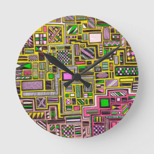 Horloge Ronde Pink and Yellow Geometric shapes pop art punk