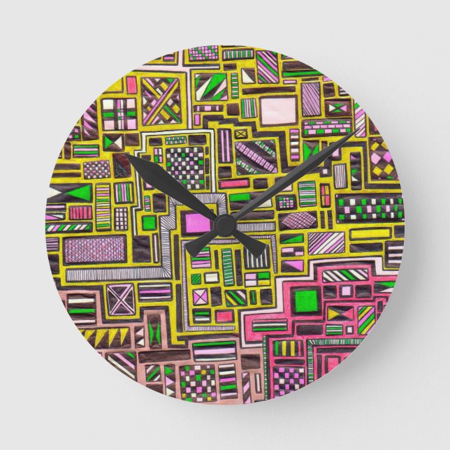 Horloge Ronde Pink and Yellow Geometric shapes pop art punk (Recto)