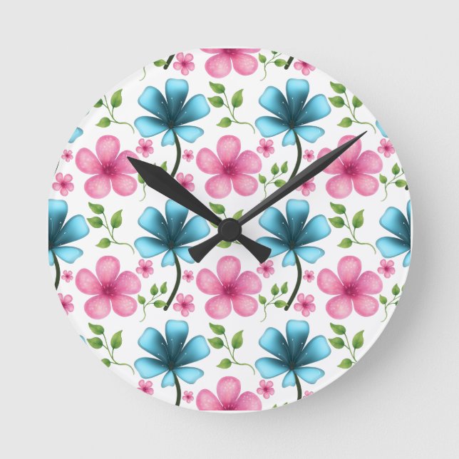 Horloge Ronde Pink & Blue Floral Seamless Pattern (Recto)