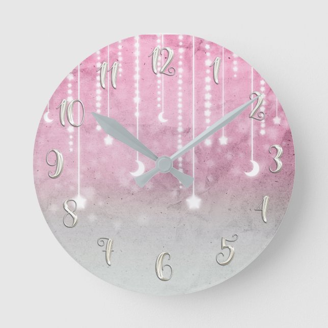 Horloge Ronde Pink Celestial Glow Stars & Moon Personalized (Recto)