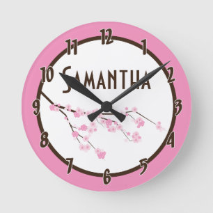 Horloge Ronde Pink Cherry Blossom Flower Personalized Clock