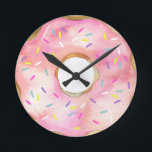 Horloge Ronde Pink Donut Watercolor Doughnut Cute Sprinkles<br><div class="desc">Pink Donut Watercolor Doughnut Cute Sprinkles</div>