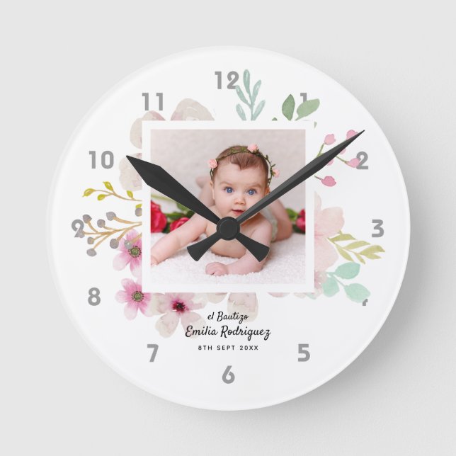 Horloge Ronde Pink Floral Rose PHOTO BAUTIZO Baptism Girls Named (Recto)