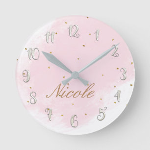 Horloge Ronde Pink & Gold Girly Glam Modern Personalized Name