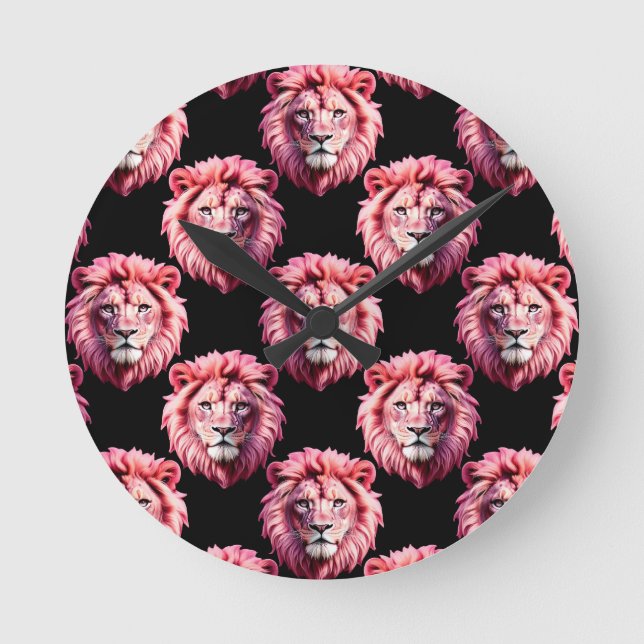 Horloge Ronde Pink Lion Head Animal Pattern Design - Black  (Recto)
