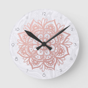 Horloge Ronde Pink Mandala Flower White Marble