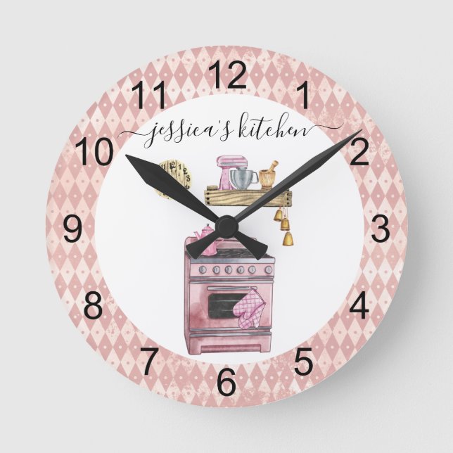 Horloge Ronde Pink Monogram Kitchen Stove Watercolor (Recto)
