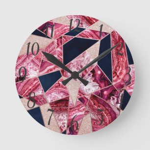 Horloge Ronde Pink Navy Glitter Agate Foil Geometric Triangles