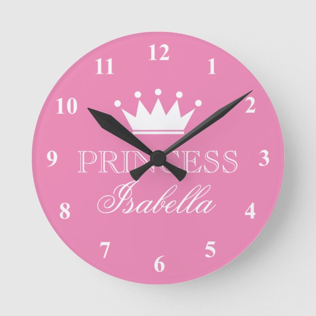 Horloge Ronde Pink princess crown wall clock for girls bedroom (Recto)