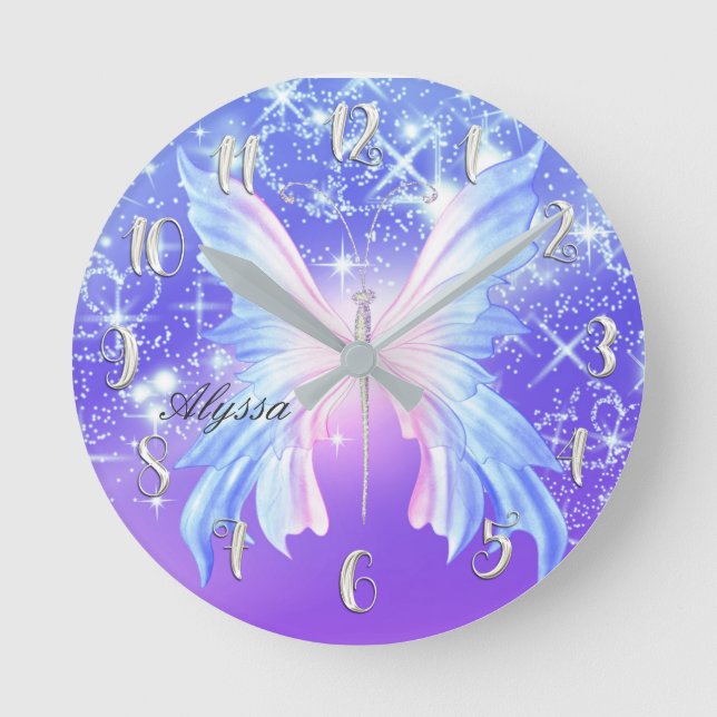Horloge Ronde Pink Purple Butterfly Sparkle Girly Personalized (Recto)