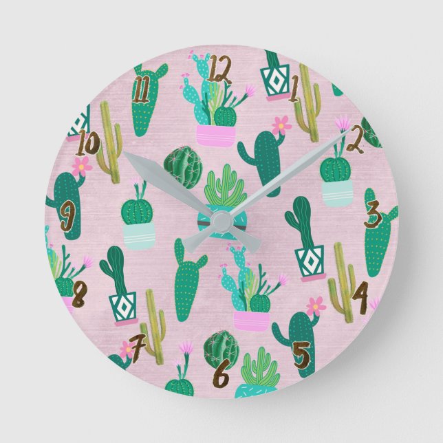 Horloge Ronde Pink Rustique Sud-Ouest Cactus Plantes (Recto)