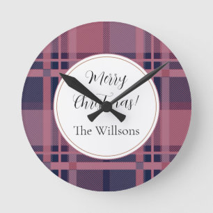 Horloge Ronde Pink Scottish Lady Tartan Motif Joyeux Noël
