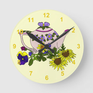 Horloge Ronde Pink Teapot With Flowers