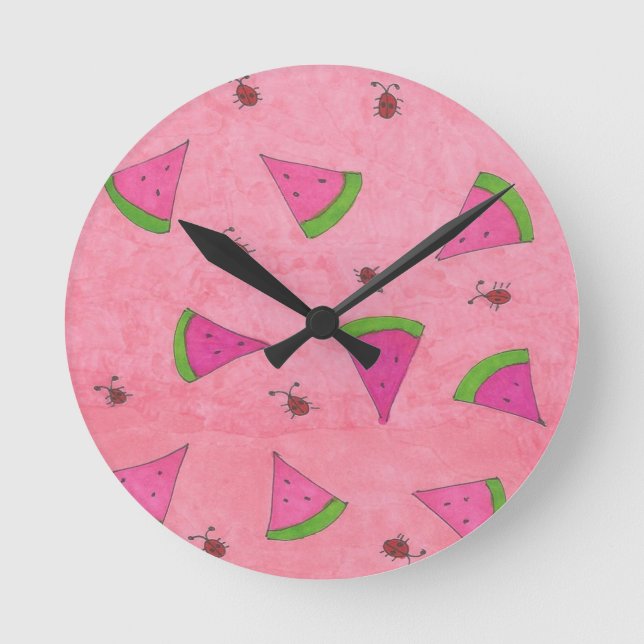 Horloge Ronde Pink Watermelon et Lady Bugs (Recto)