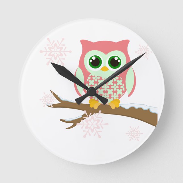 Horloge Ronde Pink winter owl (Recto)