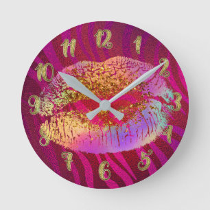 Horloge Ronde Pink Zebra Print Rainbow Glitter Lips Kiss Custom