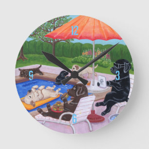 Horloge Ronde Piscine Party Labradors 2 Painting