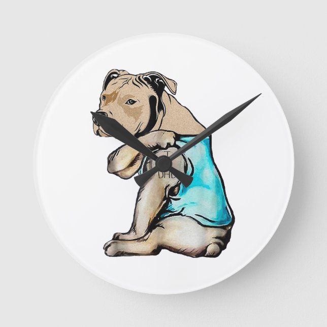 Horloge Ronde Pitbull Chien I Love Papa Tattoo drôle Famille (Recto)