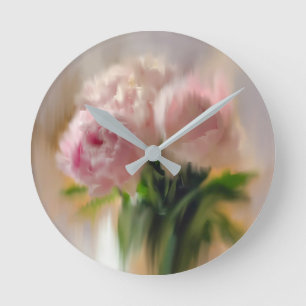 Horloge Ronde Pivoines roses rêveuses dans un vase blanc