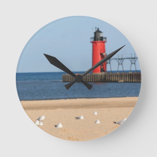 Horloge Ronde Plage avec mouettes et phare (Recto)