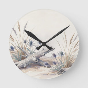 Horloge Ronde Plage de houx marin à bois flotté de style aquarel