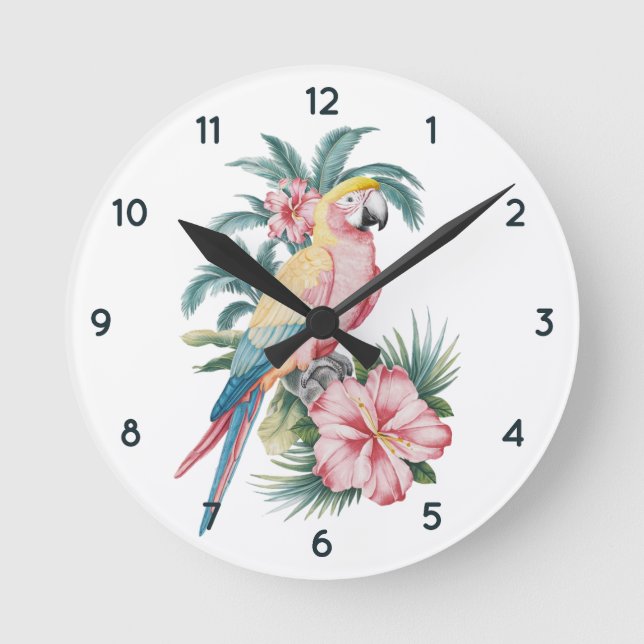 Horloge Ronde Plage d'été tendance perroquet et fleurs d'Hibiscu (Recto)
