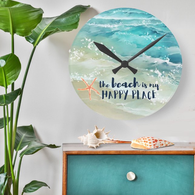 Horloge Ronde Plage Joyeux Lieu Aquarelle Océan Vagues Côtier (Créateur téléchargé)
