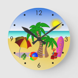 Horloge Ronde Plage Soleil Mer et Surf Amusants Bleu Rond Mur Ho