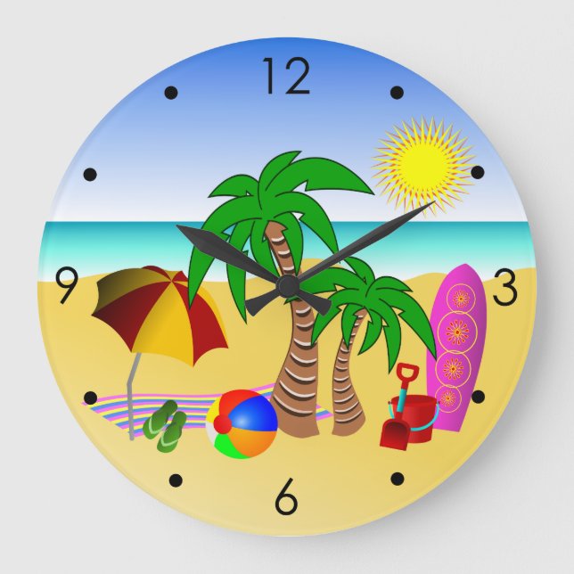 Horloge Ronde Plage Soleil Mer Surf Bleu Moyen Grande Mur Horlog (Recto)