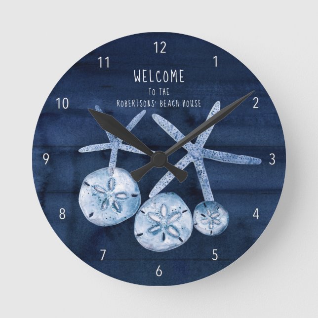 Horloge Ronde Plage Starfish Sand Dollar moderne Marine Bleu Boi (Recto)