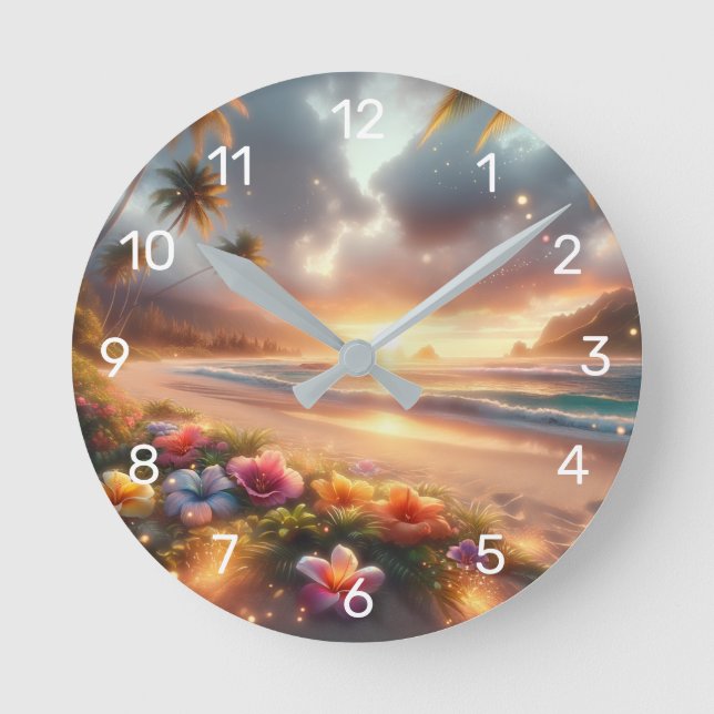 Horloge Ronde Plage tropicale enchantée avec Hibiscus magique (Recto)