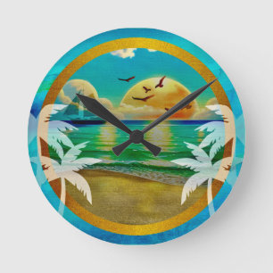Horloge Ronde Plage tropicale moderne Palm Trees Sunset Vacances
