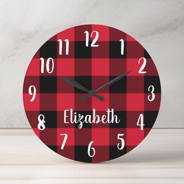 Horloge Ronde Plaid (Personalized Red and Black Buffalo Plaid Round Clock)