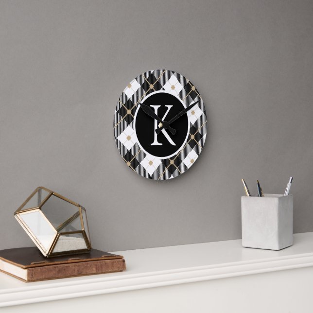 Horloge Ronde Plaid personnalisé noir blanc or (Bureau)