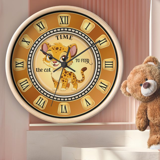Horloge Ronde Plaisant Gros Chat (Kid's wall clock featuring a cute baby jaguar big cat with roman numerals and your own funny texts)