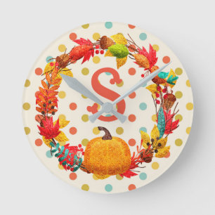 Horloge Ronde Plaisir automne citrouille wreath polka point turq