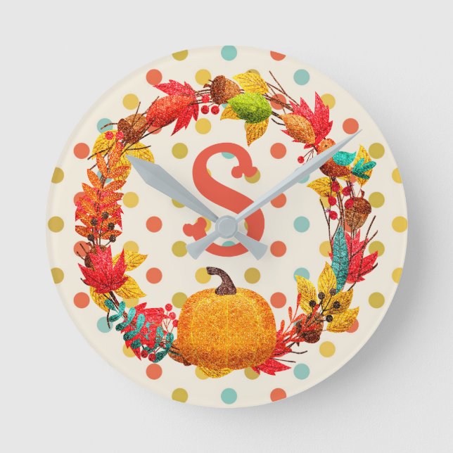 Horloge Ronde Plaisir automne citrouille wreath polka point turq (Recto)