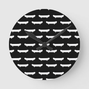 Horloge Ronde Planche à roulettes blanche monochrome skater urba