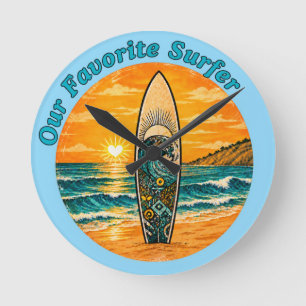 Horloge Ronde Planche de surf Vintage Sunset & Vagues océaniques