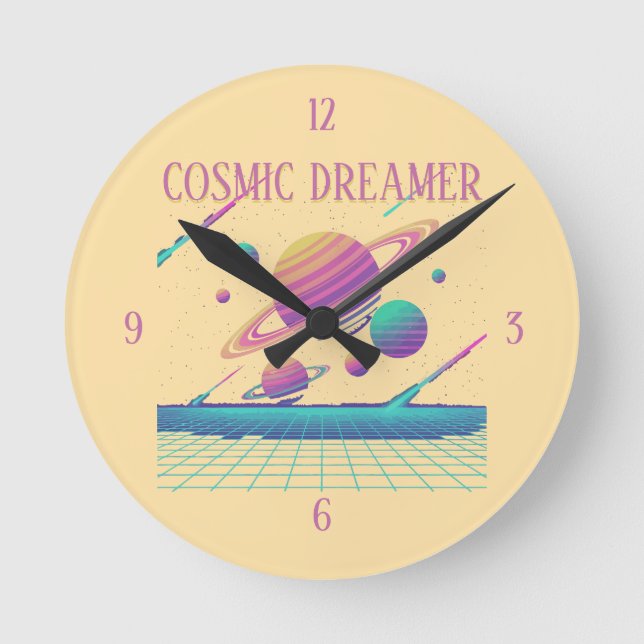 Horloge Ronde Planètes Rétro Vaporwave Synthwave (Recto)